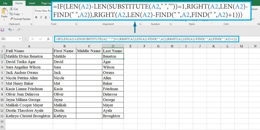 How to extract the last name when there is a middle name in Excel