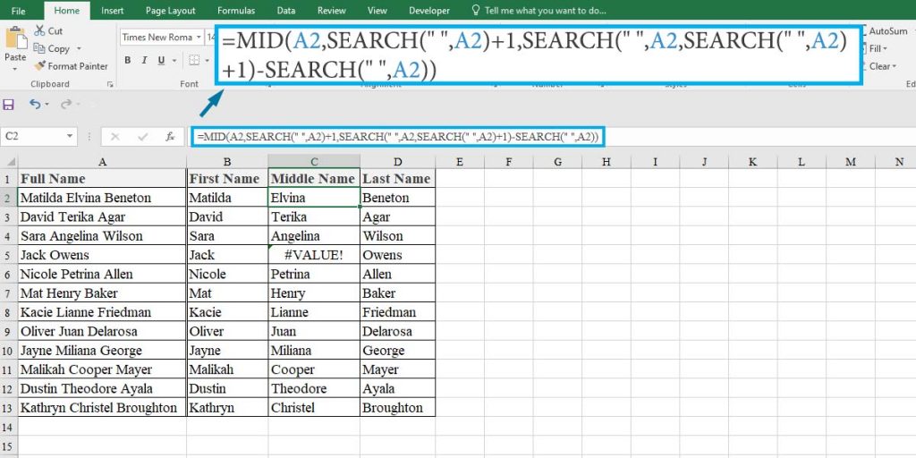 How to extract the middle names in Excel
