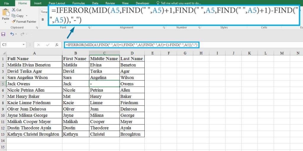 How to extract the middle names in Excel