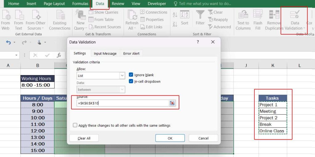 data validation setting in Excel