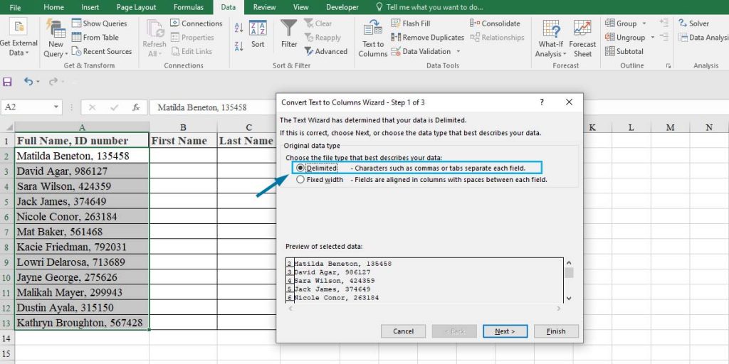 How to split cells in Excel using Text to Column wizard: step 1