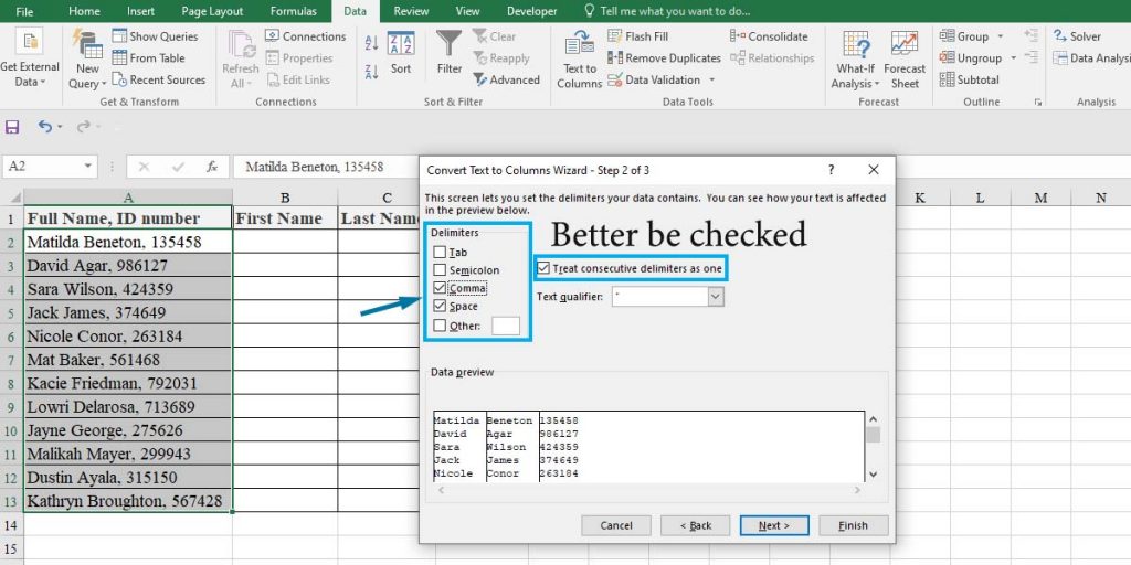How to split cells in Excel using Text to Column wizard: step 2