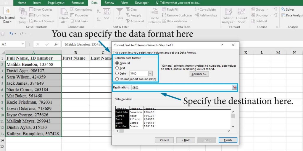 How to split cells in Excel using Text to Column wizard: step 3