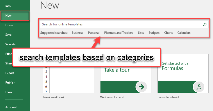 Excel new page where you can use predefined templates or search templates based on categories