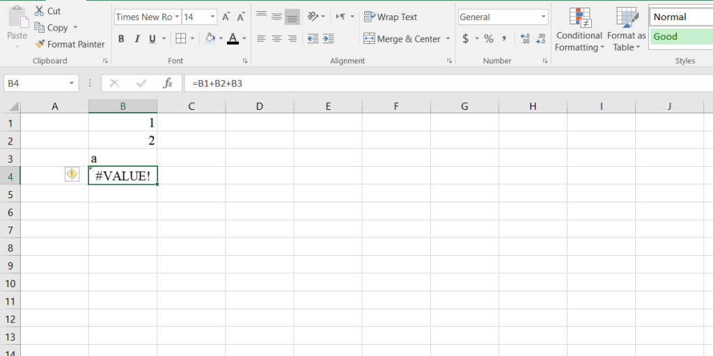 value error in Excel
